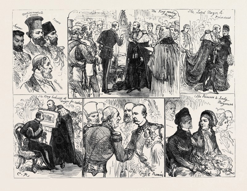 SKETCHES AT THE PRESENTATION OF ADDRESS TO THE KING OF GREECE BY THE CORPORATION OF LONDON, 1880