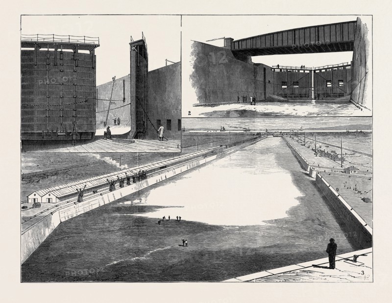 THE ROYAL VICTORIA AND ALBERT DOCKS, NORTH WOOLWICH: 1. Entrance-Lock Gates.; 2. Manor Way Passage, showing Swing Bridge.; 3. General View of New Royal Albert Dock.; 1880