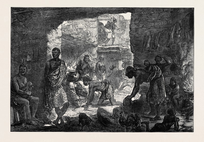 THE ASHANTEE WAR: INTERIOR OF A NATIVE HUT, CAPE COAST CASTLE, 1874