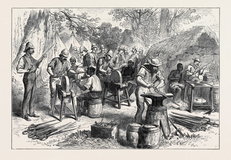 THE ASHANTEE WAR: SHARPENING CUTLASSES IN THE CAMP AT PRAH-SU, 1874