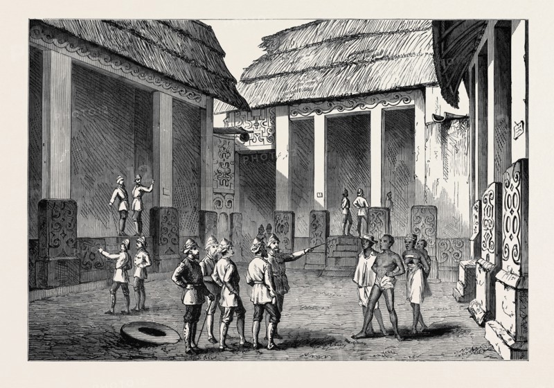 THE ASHANTEE WAR: INTERIOR OF THE ADANSI CHIEF'S PALACE AT FOMANNAH: ENGLISH OFFICERS SELECTING QUARTERS, 1874
