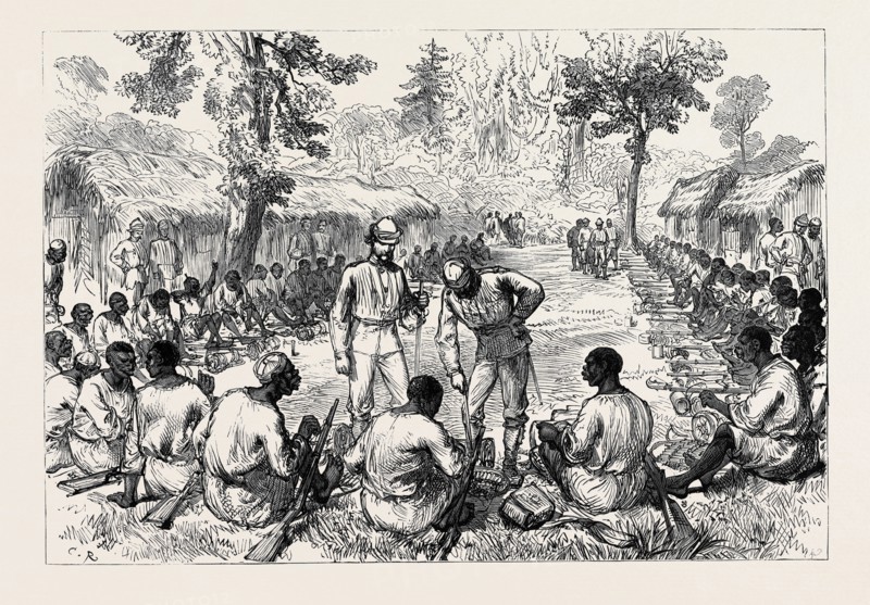 THE ASHANTEE WAR: COUNTING AND INSPECTING AMMUNITION OF THE BONNY MEN, 1874