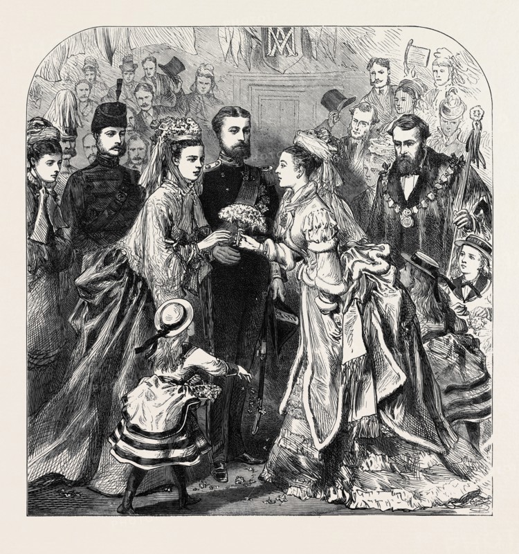 ARRIVAL OF THE DUKE AND DUCHESS OF EDINBURGH AT GRAVESEND: MISS LAKE PRESENTING A BOUQUET TO THE BRIDE, 1874