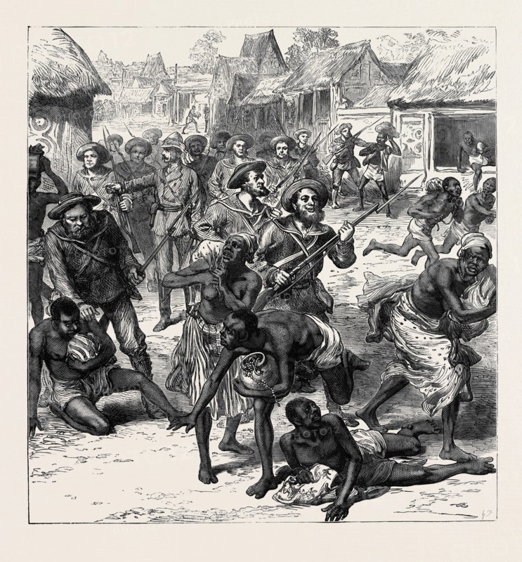 THE ASHANTEE WAR: THE NAVAL BRIGADE CLEARING THE STREETS OF COOMASIE, 1874