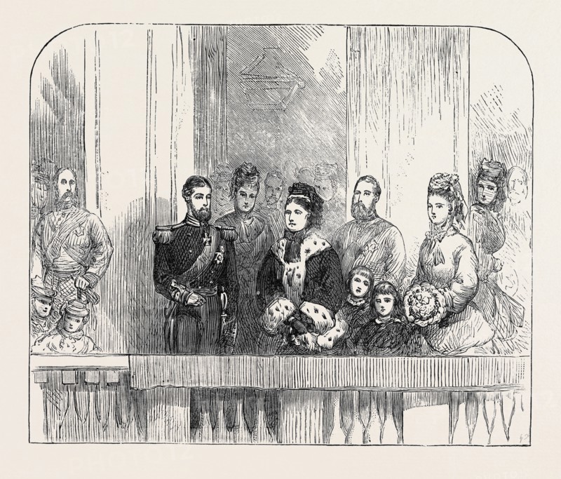 THE QUEEN AND DUKE AND DUCHESS OF EDINBURGH AT THE BALCONY AT BUCKINGHAM PALACE, LONDON, 1874