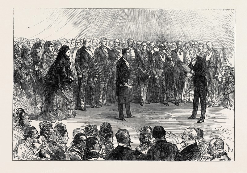 THE MAJORITY OF THE PRINCE IMPERIAL: THE DUC DE PADOUE READING THE ADDRESS AT CAMDEN PLACE, CHISELHURST, 1874