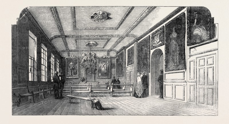 THE TOWN-HALL, WINDSOR; WITH THE PORTRAITS OF HER MAJESTY AND HIS ROYAL HIGHNESS PRINCE ALBERT, 1852