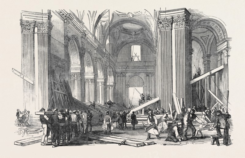 PREPARATIONS FOR THE FUNERAL OF THE DUKE OF WELLINGTON, IN ST. PAUL'S CATHEDRAL: VIEW IN THE NAVE, LOOKING WEST, 1852