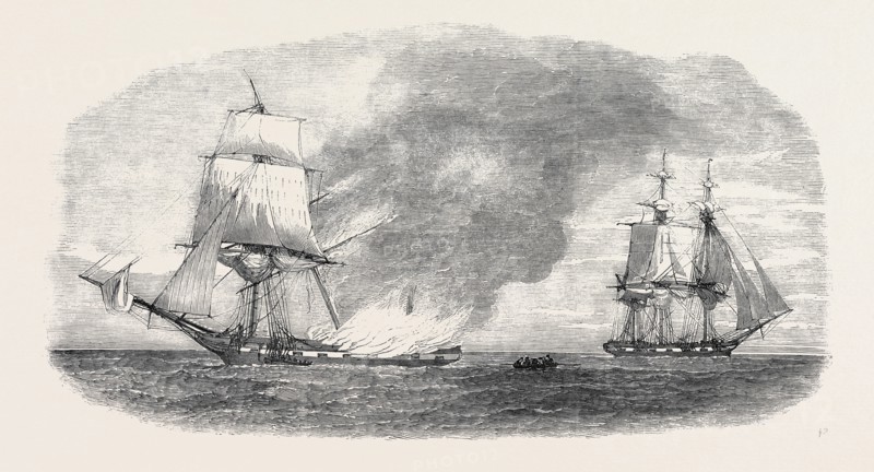 BURNING OF THE SHIP "THE THOMAS THOMPSON," ON HER VOYAGE FROM BOMBAY TO LIVERPOOL, THE CREW RESCUED BY THE "BARRACKPORE"