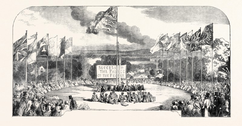 THE NEW CRYSTAL PALACE, SYDENHAM, PLACING THE FIRST PILLAR, 1852