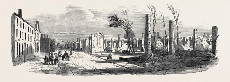 RUINS OF THE GREAT FIRE AT MONTREAL, ST. DENIS STREET, NEAR THE BISHOP'S CHURCH, 1852