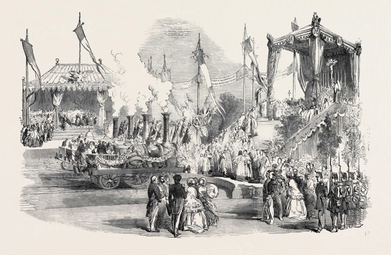 FETE AT STRASBOURG: BENEDICTION OF THE LOCOMOTIVE ENGINES, AT THE RAILWAY TERMINUS, STRASBOURG, 1852
