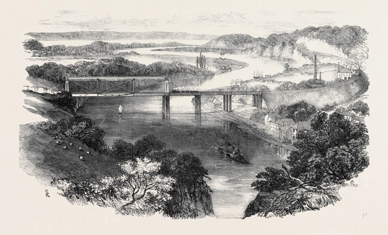 SOUTH WALES RAILWAY, THE CHEPSTOW TUBULAR SUSPENSION BRIDGE, AND JUNCTION OF THE WYE AND SEVERN RIVERS, 1852; OPENING OF THE CHEPSTOW BRIDGE