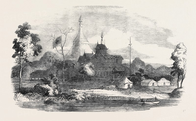 THE BURMESE WAR: BUILDING USED AS THE FIELD HOSPITAL, DURING THE STORMING OF RANGOON, 1852