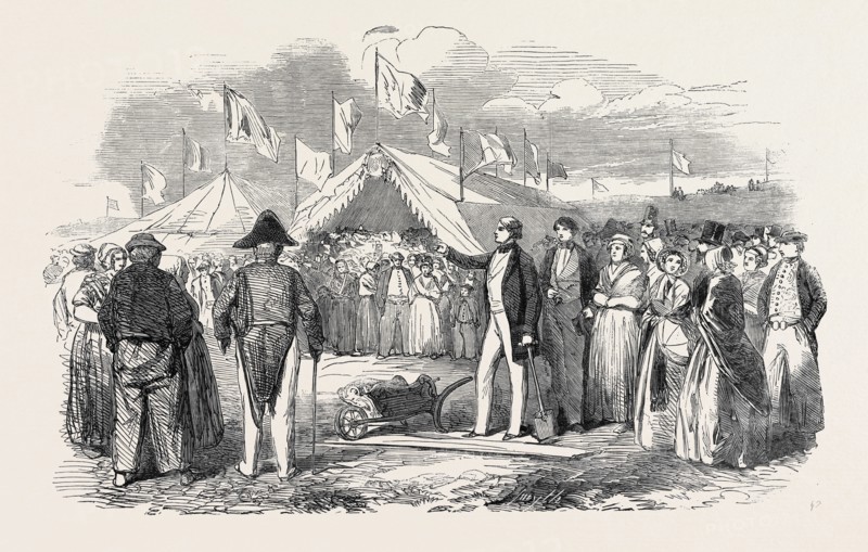 COMMENCEMENT OF THE WORKS OF THE NETHERLANDS LAND ENCLOSURE, AT HANSWERK, 1852; IN THE RIVER SCHELDT, BETWEEN THE TOWNS OF BERGEN-OP-ZOOM AND ANTWERP, THERE EXIST ON BOTH SIDES OF THE RIVER LARGE TRACTS OF LAND, TO THE EXTENT OF SEVERAL MILES, WHICH AT HIGH WATER ARE COVERED BY THE SEA, AND AT LOW WATER PRESENT A VARYING SURFACE OF SEVERAL FEET IN DEPTH OF THE RICHEST ALLUVIAL SOIL. OF THIS VALUABLE LAND THE GOVERNMENT OF HOLLAND HAS LATELY CONCEDED TO NETHERLANDS LAND INCLOSURE COMPANY, FOR THE TERM OF 99 YEARS FROM LAST AUGUST, 35000 ACRES FOR RECOVERY AND INCLOSURE