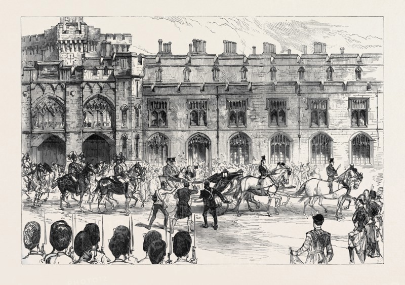 THE ROYAL WEDDING AT WINDSOR: DEPARTURE OF THE BRIDE AND BRIDEGROOM FOR CLAREMONT, 1879