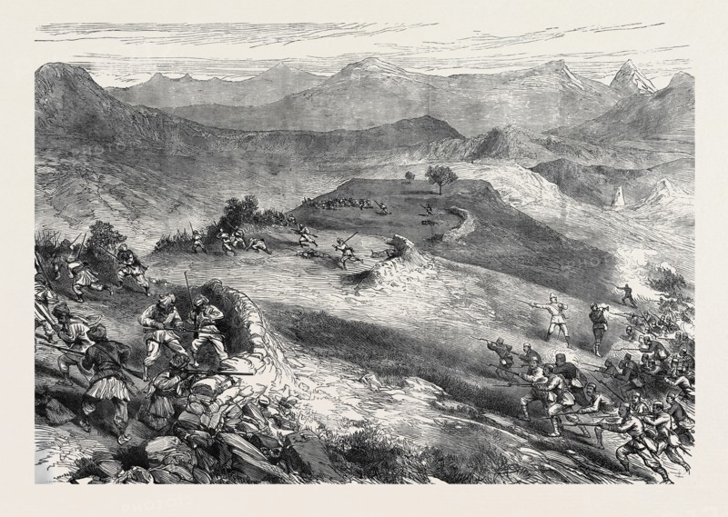THE AFGHAN WAR: STORMING OF THE SPINGAWAI STOCKADE, MORNING OF DECEMBER 2, 1878, FROM A SKETCH BY LIEUTENANT NEVILLE CHAMBERLAIN