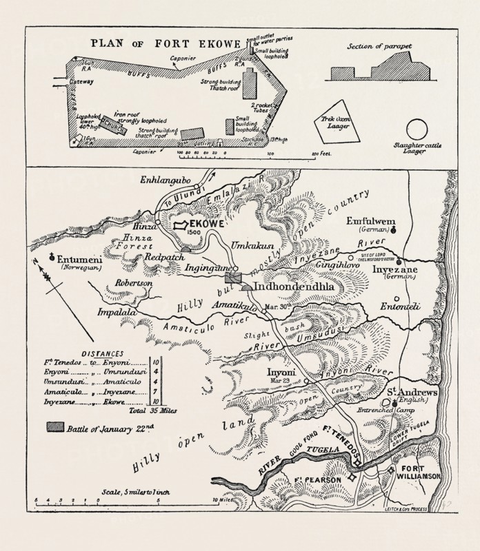 MAP OF LORD CHELMSFORD'S ROUTE TO THE RELIEF OF EKOWE, AND PLAN OF THE FORT, 1879