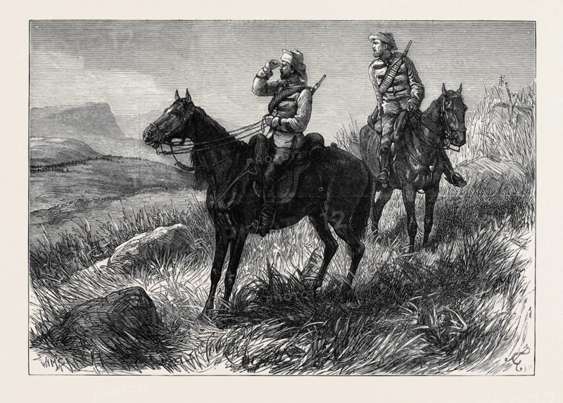 THE ZULU WAR: FRONTIER LIGHT HORSE ON VIDETTE DUTY DISCOVERING ZULUS NEAR COLONEL WOOD'S CAMP, 1879