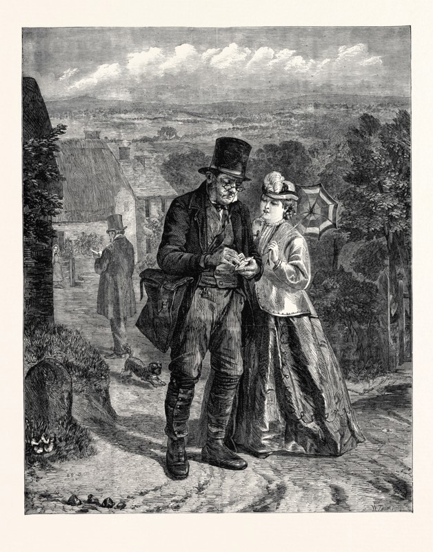 "THE VILLAGE POSTMAN 'NOTHING, I'M AFRAID, THIS MORNING, MISS,' " BY W. HEMSLEY, IN THE SUFFOLK STREET EXHIBITION, UK, 1867