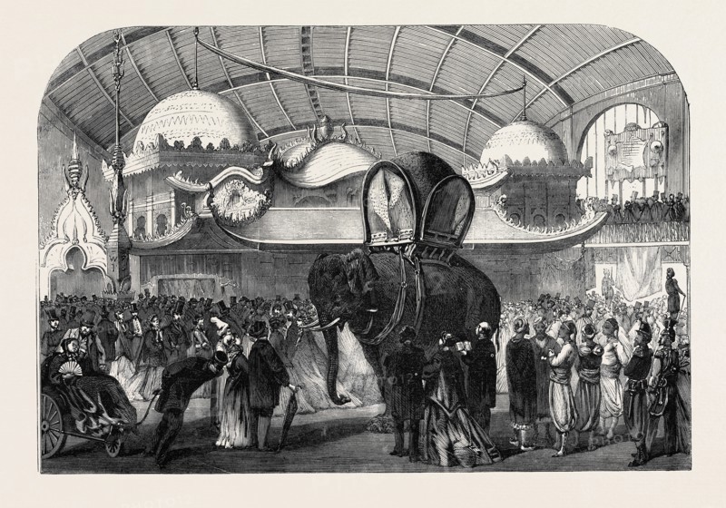 THE PARIS INTERNATIONAL EXHIBITION: MODEL OF AN ELEPHANT IN THE SIAMESE SECTION OF THE MACHINE GALLERY, FRANCE, 1867