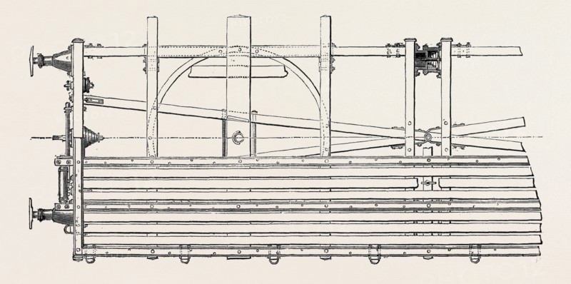 THE PARIS INTERNATIONAL EXHIBITION: VIDARD'S ARTICULATED TRUCK FOR CONVEYING LENGTHY GOODS ON RAILWAYS WITH SHARP CURVES, FRANCE, 1867