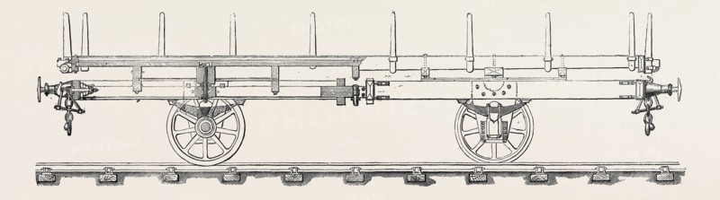 THE PARIS INTERNATIONAL EXHIBITION: VIDARD'S ARTICULATED TRUCK FOR CONVEYING LENGTHY GOODS ON RAILWAYS WITH SHARP CURVES, FRANCE, 1867