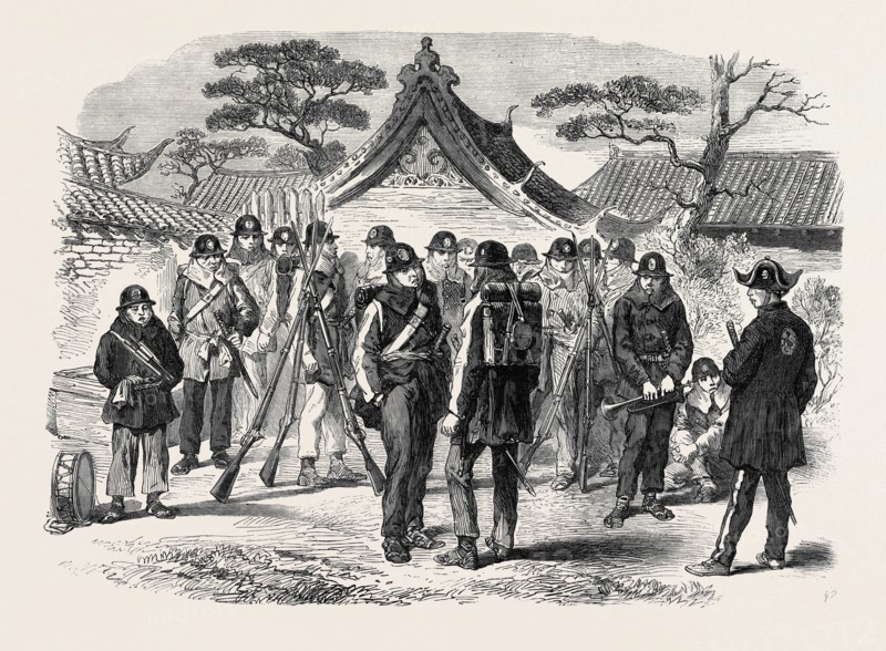 A VISIT TO THE TYCOON OF JAPAN: PART OF THE TYCOON'S BODY-GUARD OUTSIDE THE BRITISH MINISTER'S QUARTERS AT OSAKA, 1867