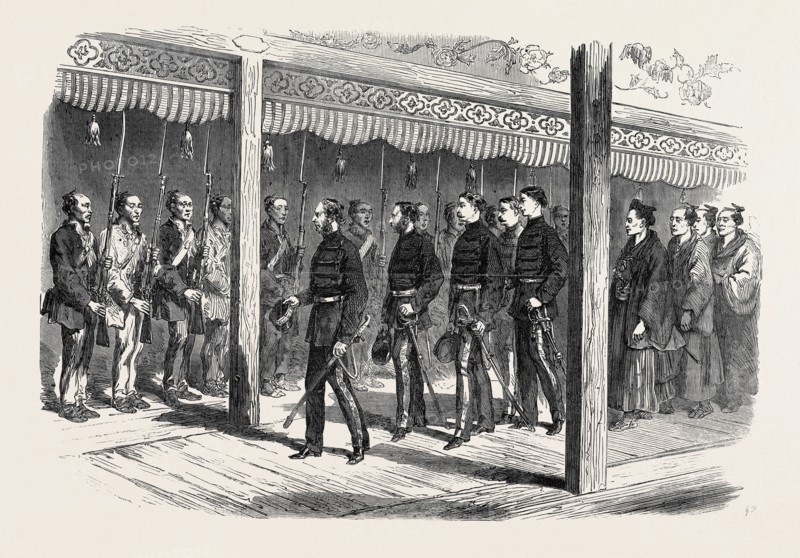 A VISIT TO THE TYCOON OF JAPAN: SIR HARRY PARKES AND SUITE, IN THE VESTIBULE OF THE PALACE AT OSAKA, GOING TO VISIT THE TYCOON, 1867