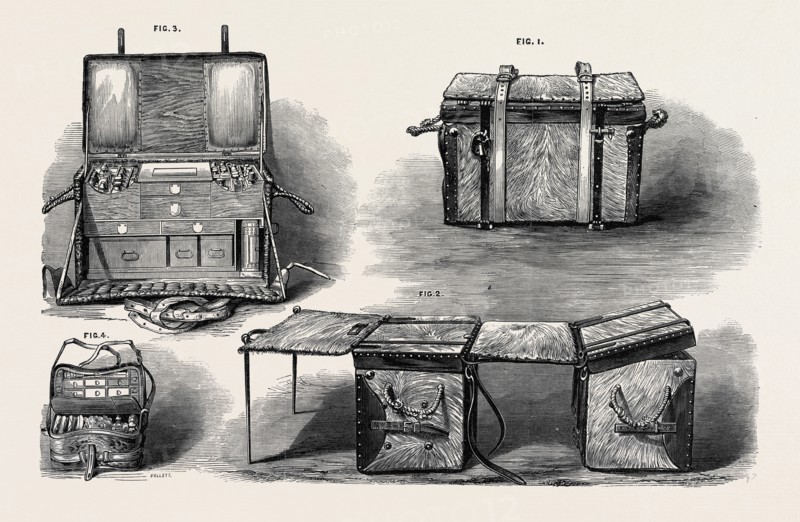 THE PARIS INTERNATIONAL EXHIBITION: BRITISH MEDICINE PANNIERS: 1. MEDICINE PANNIER PACKED FOR TRAVELLING 2. TWO MEDICINE PANNIERS FORMING AN OPERATING TABLE 3. MEDICINE PANNIER OPEN 4. MEDICAL FIELD COMPANION, FRANCE, 1867