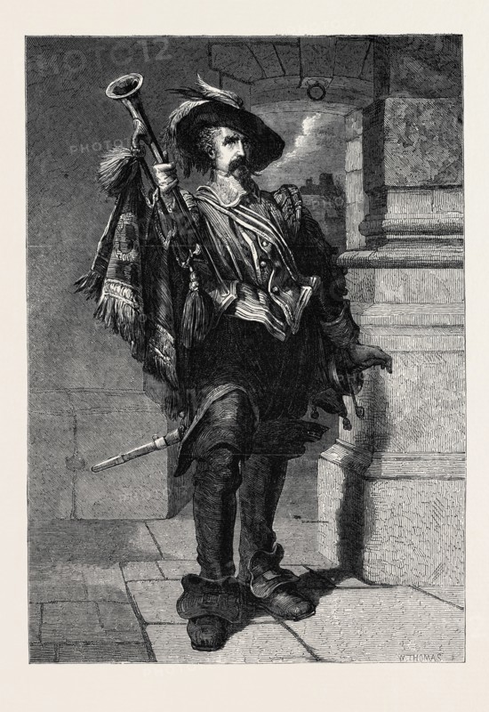 "A TRUMPETER," BY C. CATTERMOLE, FROM THE EXHIBITION OF THE INSTITUTE OF PAINTERS IN WATER COLOURS, 1867