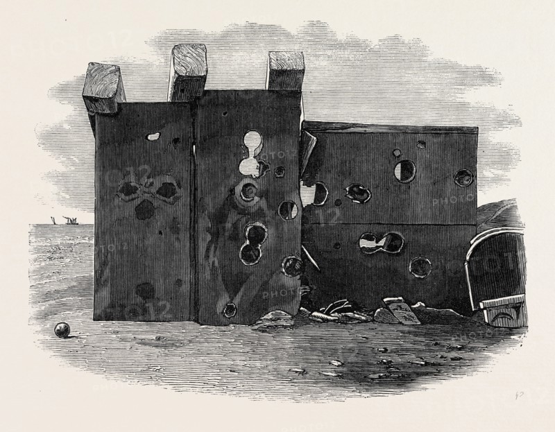 EFFECTS OF THE MACKAY GUN ON THE AGINCOURT TARGET, CROSBY SANDS, NEAR LIVERPOOL, UK, 1867