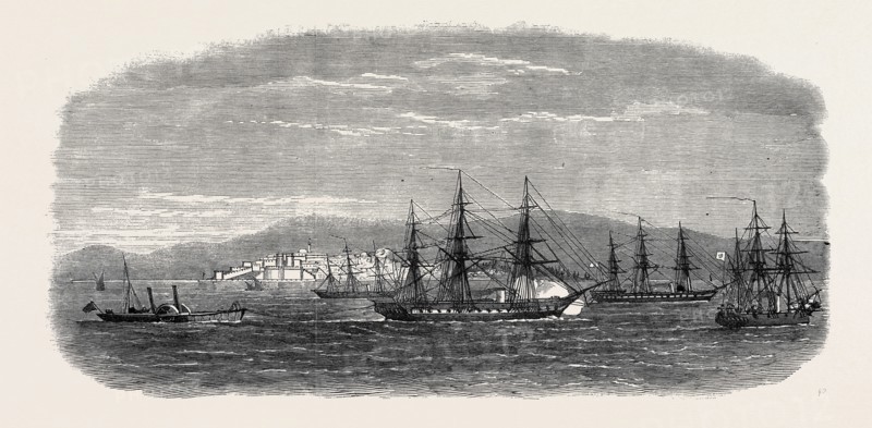 THE CAPTURED GREEK BLOCKADE-RUNNER ARKADI, TOWED UP THE DARDANELLES, 1867