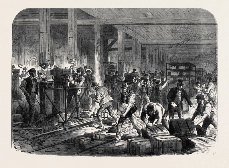THE BRITISH EXPEDITION TO ABYSSINIA: PREPARING COMPRESSED FORAGE AT THE GLOBE WHARF, REGENT'S CANAL, MILE-END-ROAD, UK, 1867
