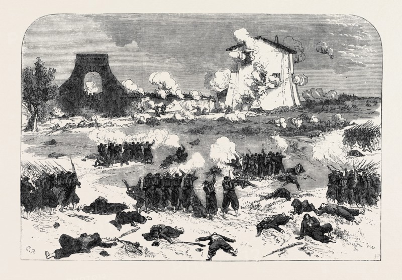 DEATH OF GARIBALDI BY THE PAPAL AND FRENCH TROOPS: COMMENCEMENT OF THE BATTLE OF MENTANA, AT THE VIGNA SANTUCCI, ITALY, 1867