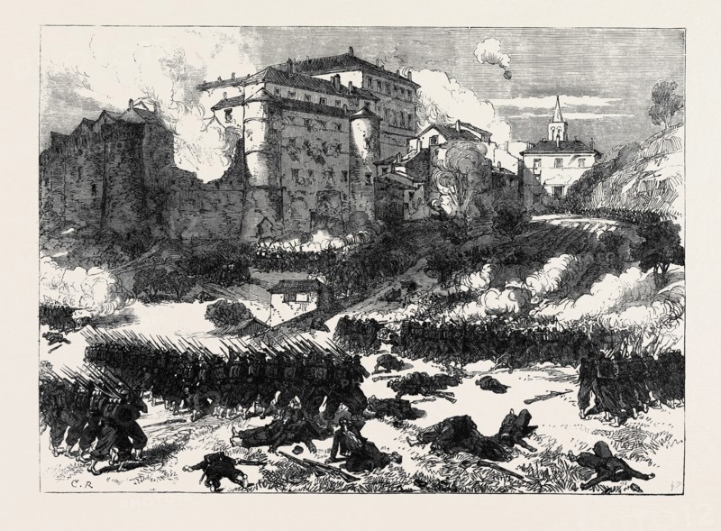 DEATH OF GARIBALDI BY THE PAPAL AND FRENCH TROOPS: THE BATTLE AT THE CASTLE OF MENTANA, ITALY, 1867