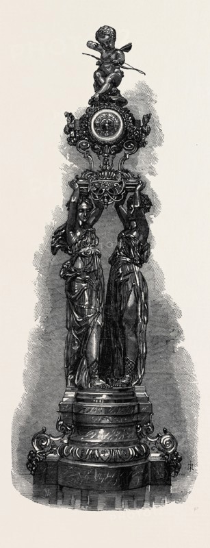 TWO FEMALE FIGURES HOLDING A CLOCK, BY THE COMPAGNIE DES MARBRES ONYX D'ALGERIE, EXHIBITED BY G. VIOT AND CO., 1867
