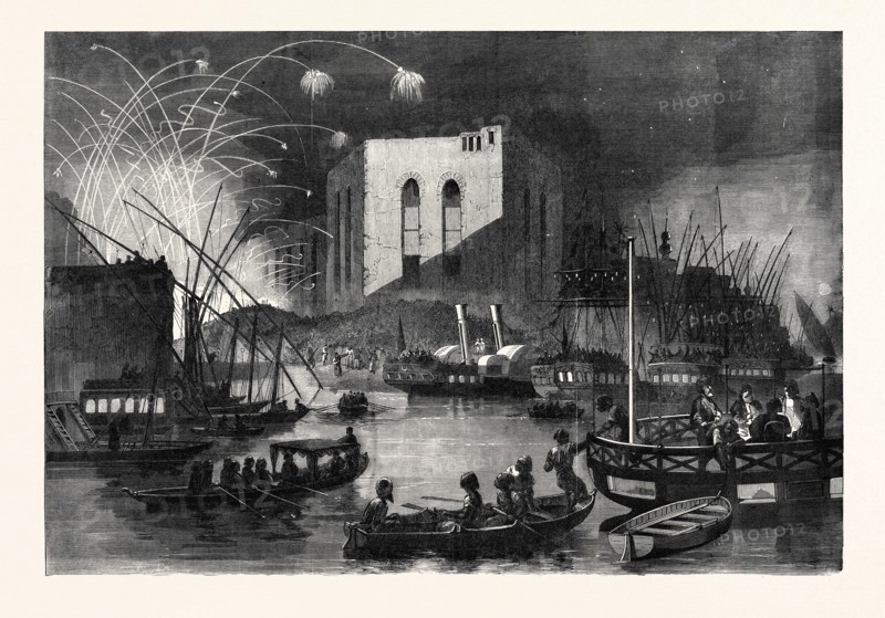 A NIGHT SCENE ON THE NILE, NEAR THE MOUTH OF THE CAIRO CANAL, DURING THE FESTIVAL OF GEBR-EL-HALEEG, OR BREAKING THE CANAL, 1862