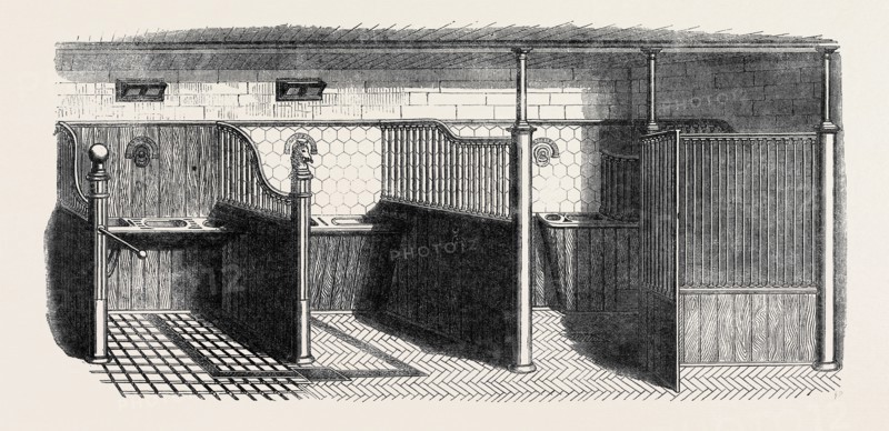 STABLE FITTINGS BY MESSRS. MUSGRAVE BROTHERS, OF BELFAST; OPEN STALL, WITH PATENT SLIDING BARRIER (LEFT), OPEN STALL, WITH TUMBLING MANGER (CENTRE), HARMLESS LOOSE-BOX (RIGHT), THE INTERNATIONAL EXHIBITION, 1862
