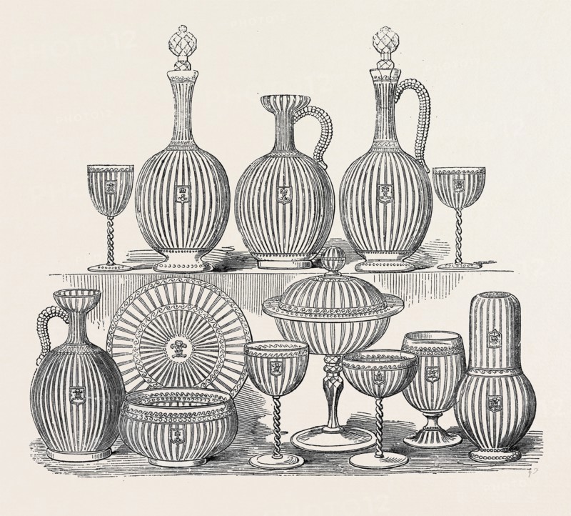 THE INTERNATIONAL EXHIBITION: SERVICES IN GLASS, BY PELLATT AND CO., FOR HIS ROYAL HIGHNESS THE PRINCE OF WALES, 1862