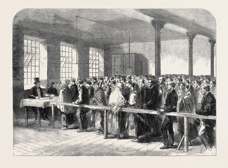 THE COTTON FAMINE: DISTRIBUTING TICKETS FOR BREAD, SOUP, MEAT, MEAL, COAL, ETC., AT THE OFFICE OF A DISTRICT PROVIDENT SOCIETY, MANCHESTER, 1862