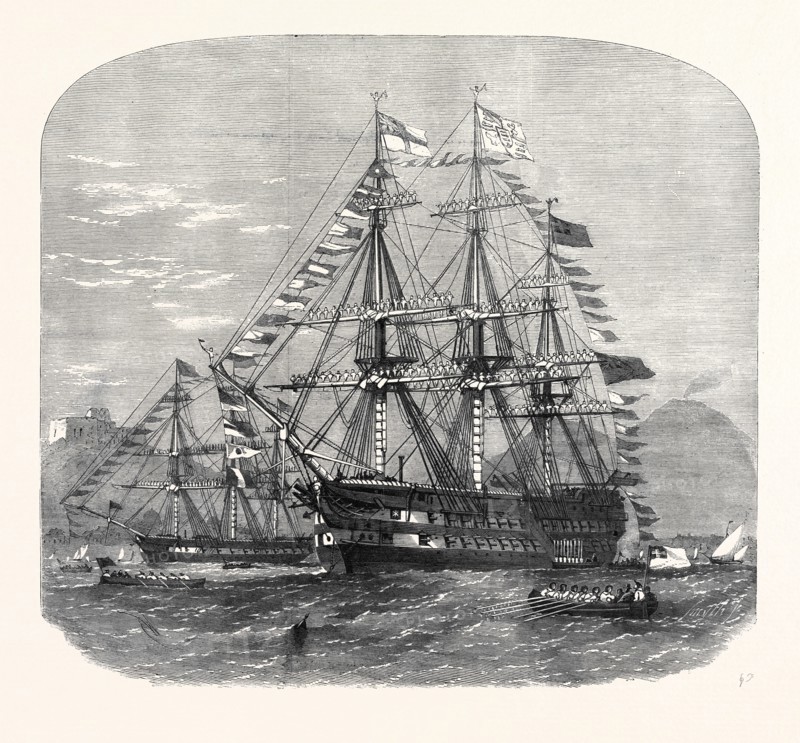 THE COMING OF AGE OF THE PRINCE OF WALES CELEBRATED IN THE BAY OF NAPLES: HIS ROYAL HIGHNESS, WITH THE PRINCE AND PRINCESS OF PRUSSIA, GOING ON BOARD THE LONDON, 1862