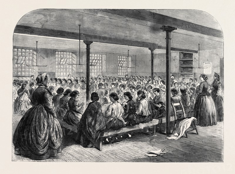 THE COTTON FAMINE: THE SEWING CLASS AT THE MANCHESTER AND SALFORD DISTRICT PROVIDENT SOCIETY'S ROOMS, 1862