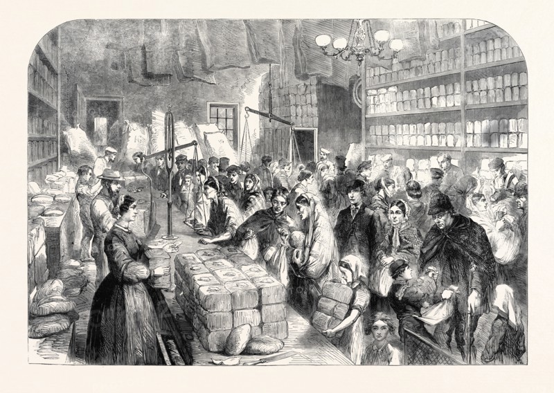 COTTON; FAMINE; PROVISION; SHOP; GOODS; OBTAINED; TICKETS; ISSUED; MANCHESTER; SALFORD; PROVIDENT; SOCIETY; 1862; UK; GREAT BRITAIN