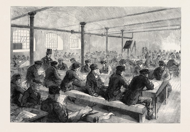 THE COTTON FAMINE: SCHOOL FOR MILL OPERATIVES AT MR. STIRLING'S MILL, LOWER MOSLEY-STREET, MANCHESTER, 1862