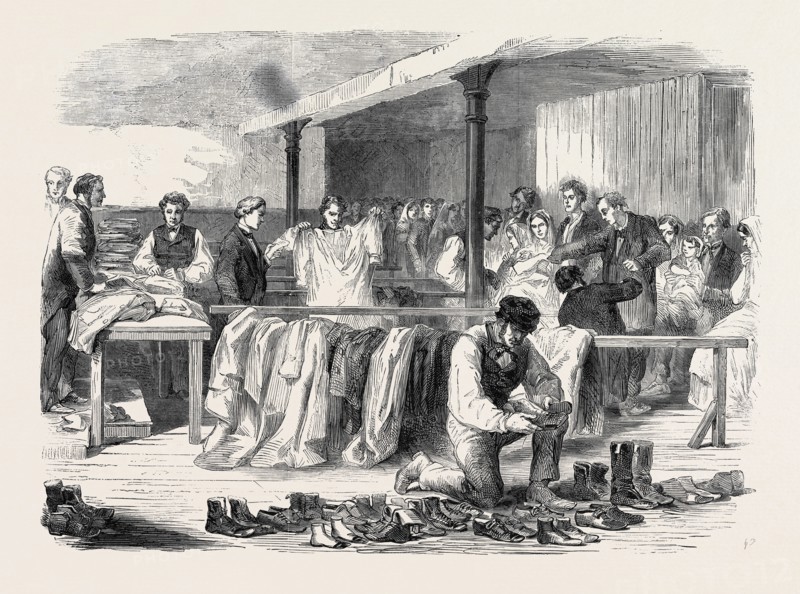 THE COTTON FAMINE: THE MANCHESTER AND SALFORD DISTRICT PROVIDENT SOCIETY DISTRIBUTING CLOTHING, 1862