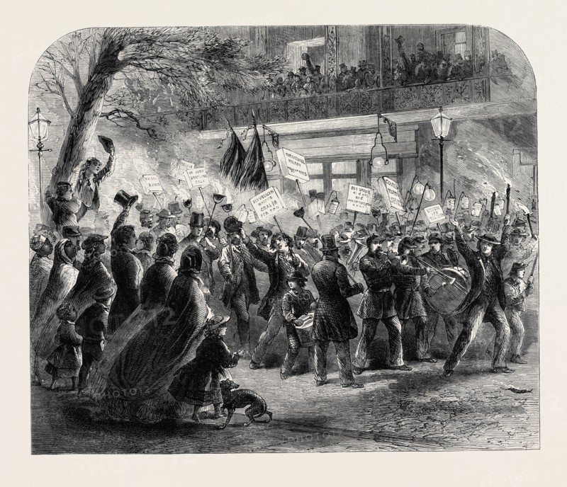 THE ELECTION OF MR. HORATIO SEYMOUR, GOVERNOR OF THE STATE OF NEW YORK: DEMOCRATIC PROCESSION PASSING THE NEW YORK HOTEL, 1862