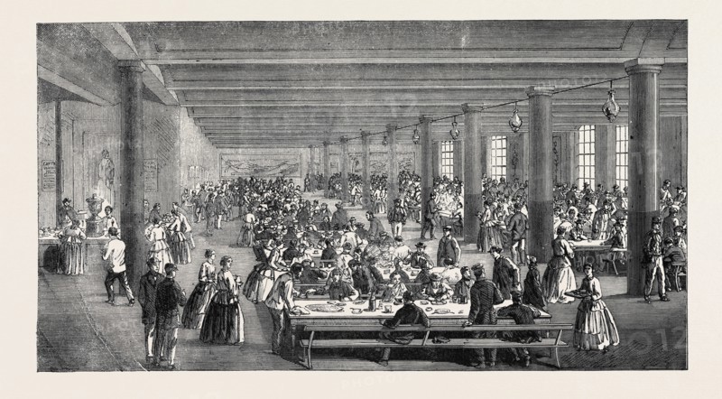 THE COTTON FAMINE: WORKING MEN'S DINING HALL, GAYTHORN COOKING DEPOT, MANCHESTER, 1862