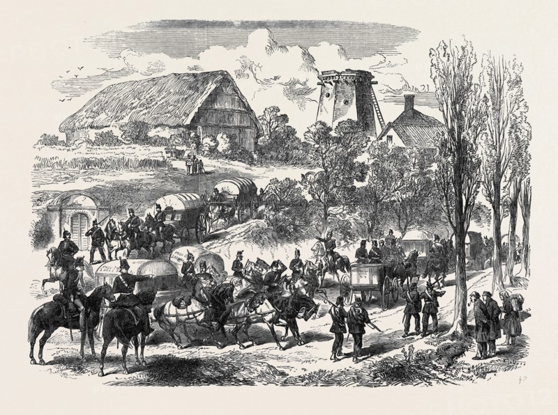 THE AUSTRO-PRUSSIAN WAR: PROVENDER WAGGONS OF THE PRUSSIAN ARMY PASSING THE SAXON FRONTIER, 1866