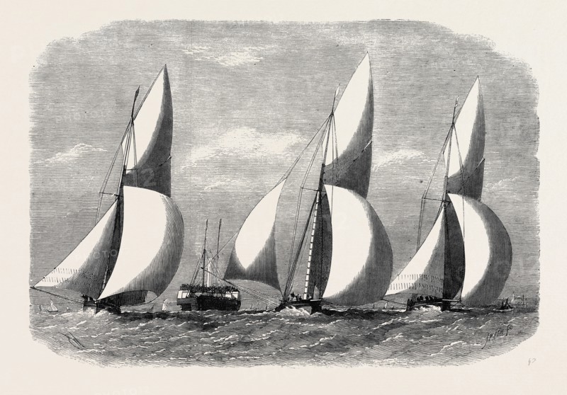 ROYAL LONDON YACHT CLUB CUTTER MATCH: THE NIOBE, SPHINX, AND VINDEX OFF COALHOUSE POINT, 1866